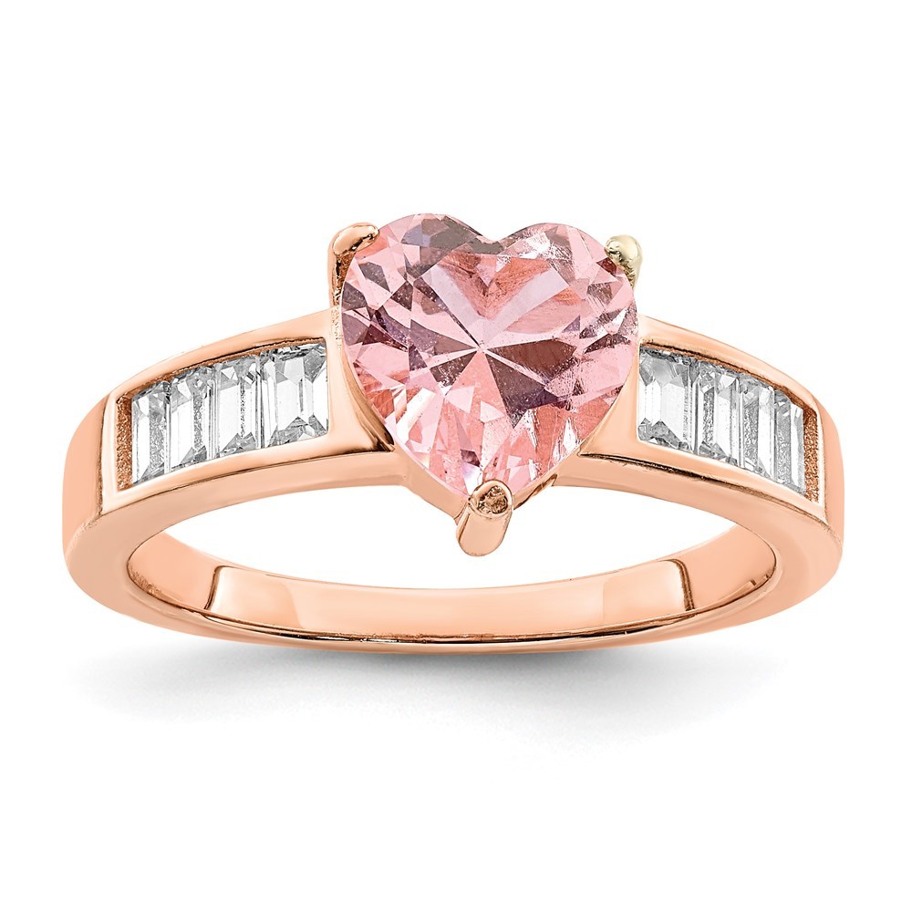 925 Sterling Silver Rose-plated Crystal Heart and White CZ Baguette Ring